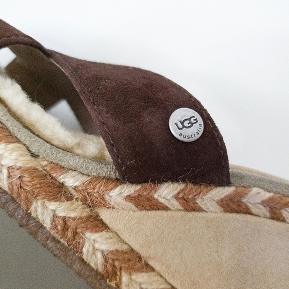 UGG Margot Brown Leather Shearling Wedge Espadrille Slip On Sandals - Picture 12 of 13